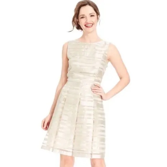 Tahari ASL Gold Metallic Illusion Stripe Dress 14 - Picture 1 of 9